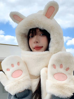 New Fashion Scarf Hat Glove Women Cute Big Ear Bunny Beanie Winter Warm Soft Thickening Pocket Warm Ear Hats Hooded Skullie Caps
