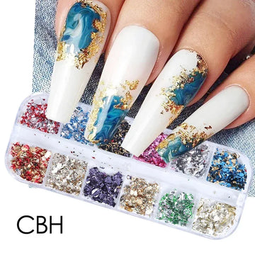 12 Color Gold Foils Gorgeous Nails Glitter Random Aluminum Flakes Paillette Chip Nail Design Shinny Sparkles Nail Art Decoration 2028