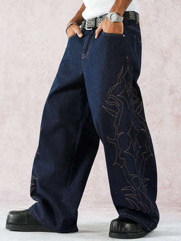 Men's Dark Blue Wide-Leg Jeans, Retro Hip-Hop Style Flame Embroidery Dad Pants, Street Trend Loose Trousers