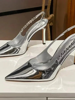 Shiny High Heels Slingback Silver Women Pumps Metallic Crystal Sandals Pointy Toe Stiletto Heeled Shoes Party Dress Shoes Woman