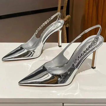 Shiny High Heels Slingback Silver Women Pumps Metallic Crystal Sandals Pointy Toe Stiletto Heeled Shoes Party Dress Shoes Woman PlatiNum