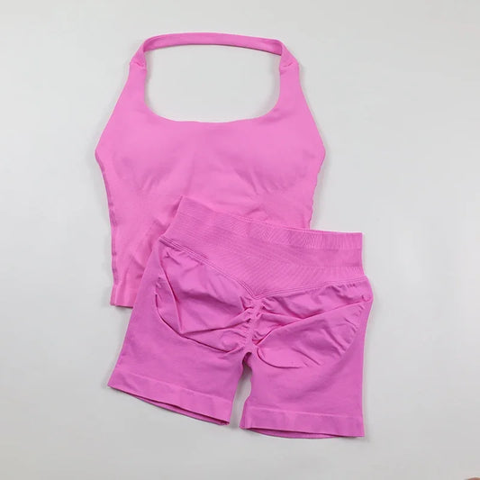 2 Piece Gym Set Women Padded Tank Top Low Waist Seamless Scrunch Shorts Yoga Suit Ribbed Workout Sets Short Fitness Clothes