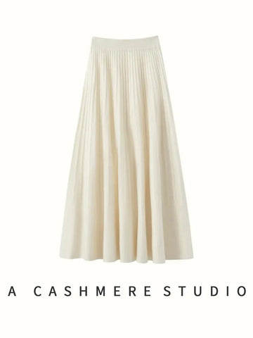 New Arrivals Women Cashmere A-line Skirt Elastic Waist Pleated Skirt 100% Cashmere Knitted Autumn Winter Thin Office Lady Dress PlatiNum