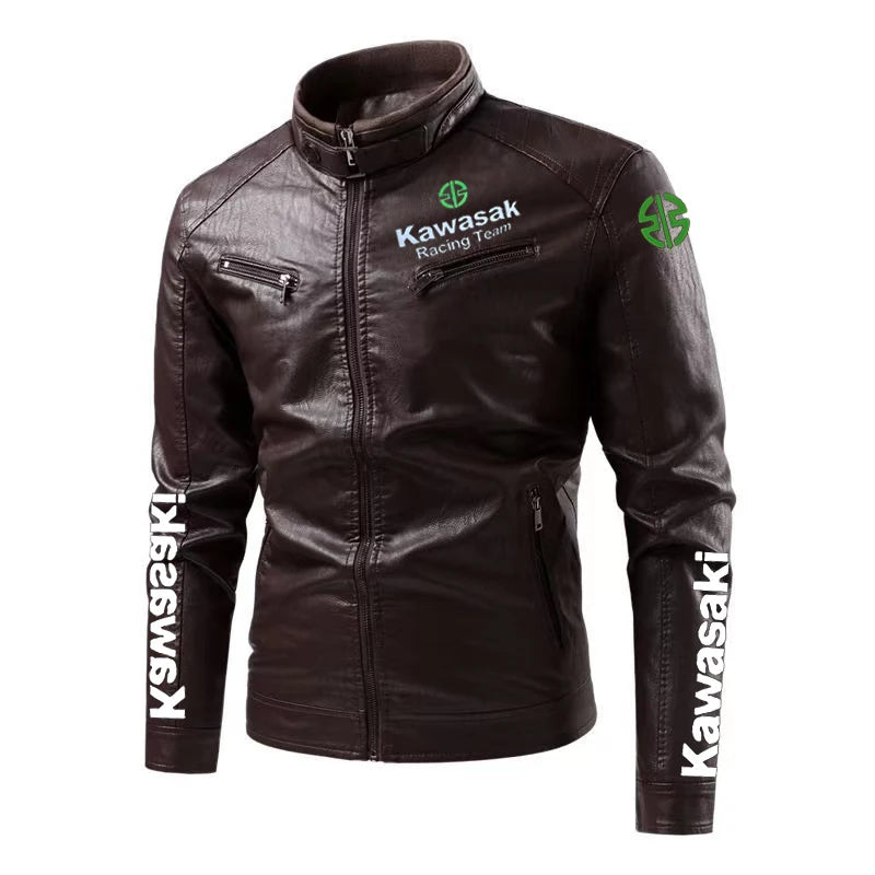 Kawasaki waterproof leather motorcycle jacket, pilot style warm coat, fashionable retro style, stand-up collar equestrian style WCQ80