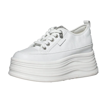 Fujin 9cm 3 inch comfortable platform sneakers for women Genuine Leather Women Vulcanized Shoes Platform High Heels Casual Shoes PlatiNum