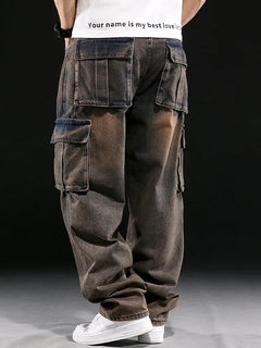Wide Leg Pant Distressed Cargo Jean Men Jeans Washed Denim Patchwork Solid Full Length Pants Loose Pockets High Street 2025