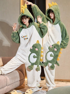 Unisex Men Women Animal Oneises Couple Pajamas One-piece Pyjamas Winter Coral Fleece Cartoon Homewear Large Size Hooded Jumpsuit