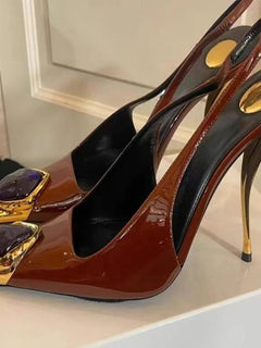 Ladies' Elegant Retro Pointed-toe Shallow Mouth Gemstone High-heeled New Metal Patent Leather One-strap Heel Sandals