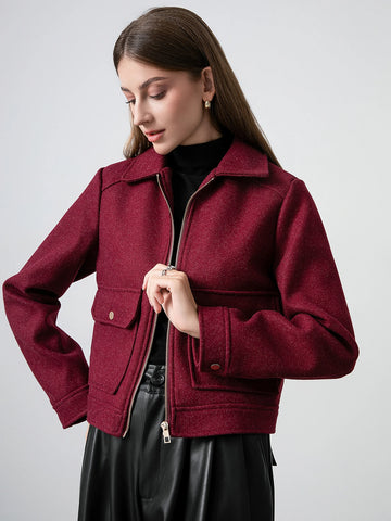 KONDALA Red Bordeaux Loose Jakcets Women Zipper Pockets Short Coats Fashion 2025 Autmn Elegant Bomer Jackets Elegant Outwears