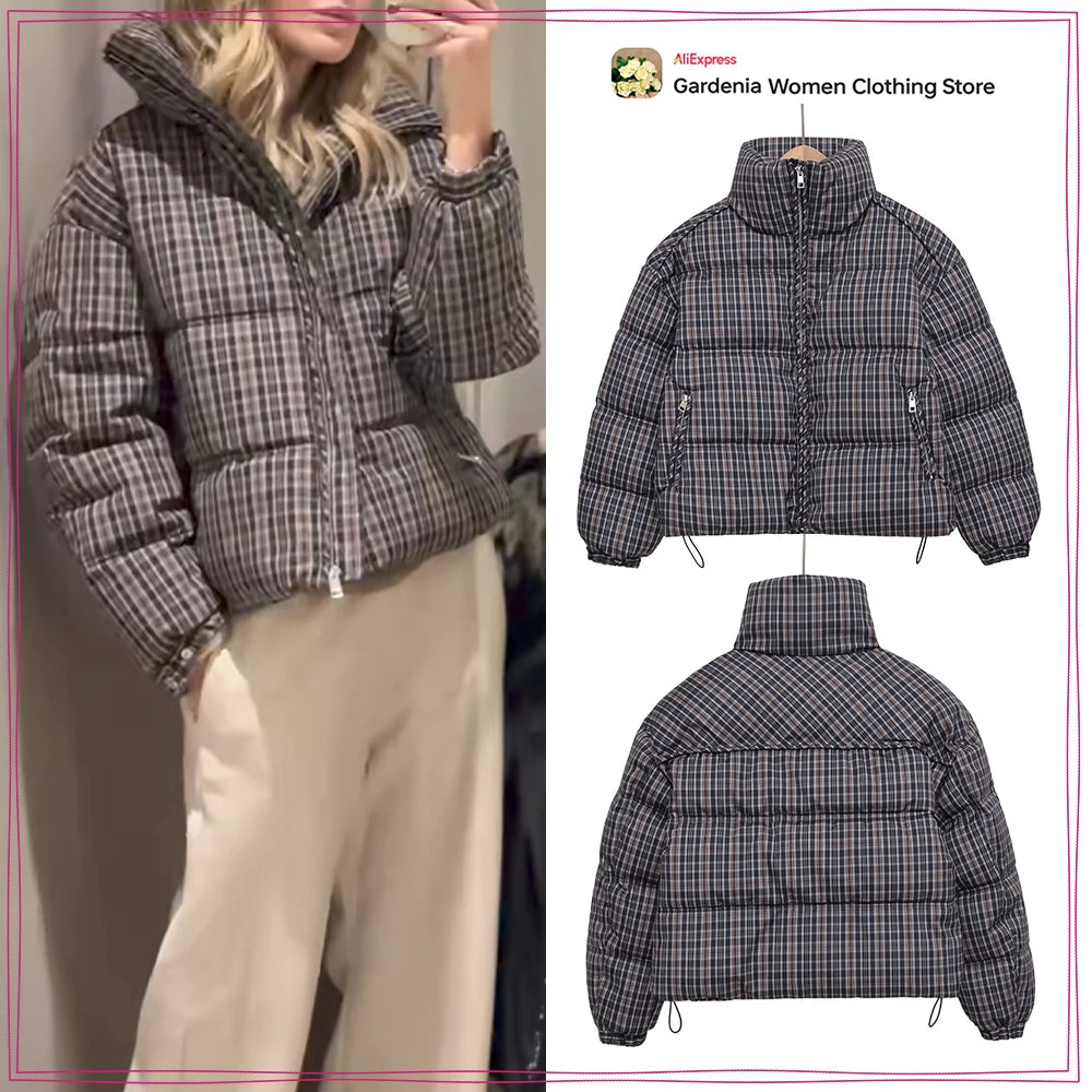 New in Winter High Neck Long Sleeves Zippered Coats for Women Brown Plaid Puffer Anorak with Adjustable Hem Comfy Padded Jackets