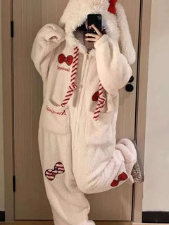 Thickened Winter Pajamas Onesie Coral Fleece Hooded Sleepwear Y2K Kawaii Rabbit Anime Women Pajamas Cartoon Warm Home Clothing