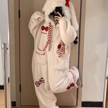 Thickened Winter Pajamas Onesie Coral Fleece Hooded Sleepwear Y2K Kawaii Rabbit Anime Women Pajamas Cartoon Warm Home Clothing