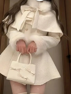 French Elegant Temperament Fur Collar Bow Cape Shawl + Slim Fit Double-breasted Dress 2 Pcs Sets Winter Plush Women Y2k Suits