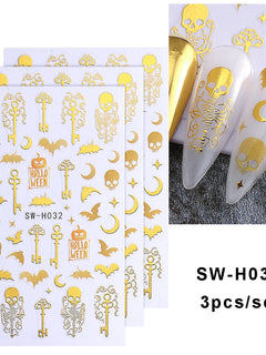 3pcs Halloween Nail Stickers Golden Skeleton Pumpkin Bat Key Nail Decal y2k Star Punk Gothic Nail Supplies Manicure Decoration