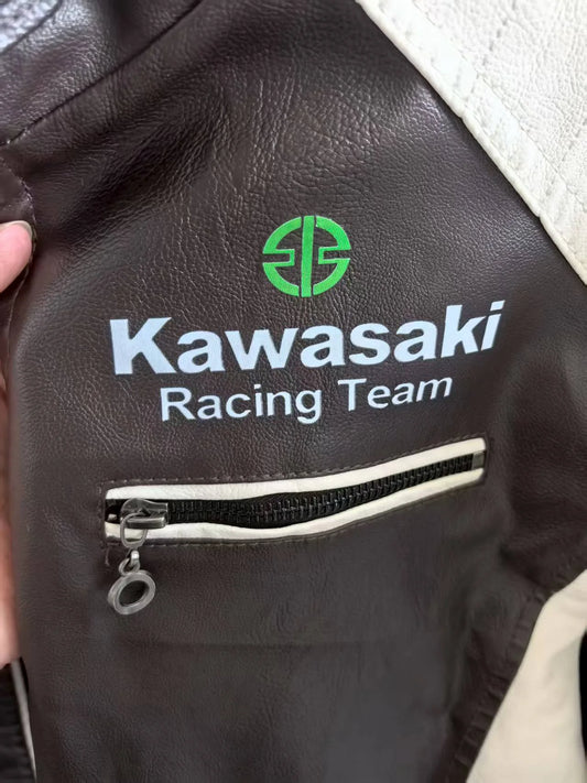 Kawasaki waterproof leather motorcycle jacket, pilot style warm coat, fashionable retro style, stand-up collar equestrian style