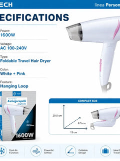 1600W Dual Voltage Hair Dryer Foldable Design 100-240V Portable Travel Hairdryer Hot Cold Air Styling Tool Hotel Use