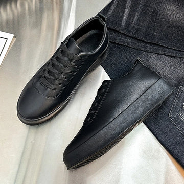 Fashion Thick Sole Black White Soft Men Leather Shoes Platform Men Casual Board Shoes Walking Sport Shoes Lightweight Work Shoes