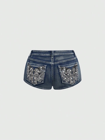 Low Rise Distressed Denim Shorts Female Jeans Womens Jeans Shorts Vintage Y2K Punk Style Embroidered Hot Pants PlatiNum