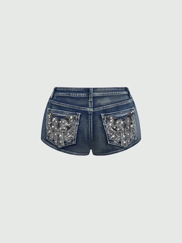 Low Rise Distressed Denim Shorts Female Jeans Womens Jeans Shorts Vintage Y2K Punk Style Embroidered Hot Pants PlatiNum