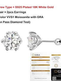 EWYA 0.2/0.5/2ct D Colore Moissanite Orecchini a vite per donna Uomo Argento 925 placcato 18K Pass Diamond Test 6 Prong Orecchino