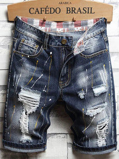 Men Ripped Short Jeans Summer Cotton Knee Length Shorts Breathable Vintage Denim Pants Painted Graffiti Streetwear Cargo Jeans