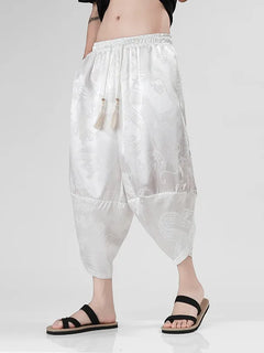 Pantaloncini in Seta Ghiaccio da Uomo, Stile Cinese, Estivi, Comodi, Pantaloni Harem Vintage Traspiranti, Tinta Unita, Lunghezza al Polpaccio