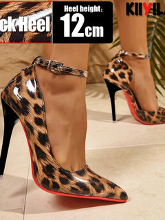 Yellow Leopard Print 12cm High Heels Women's Stiletto Heels 1cm Belt Buckle Sexy Party Pumps Ladies Dress Shoes Plus Size 35-46