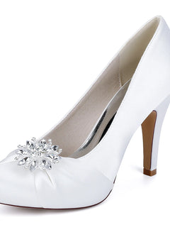Primavera Bocca di pesce Testa tonda Strass di seta Tavolo impermeabile Scarpe da sposa Tacco alto Abito da banchetto Sandali da donna di grandi dimensioni