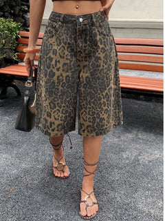 Pantaloncini Bermuda in Denim Vintage con Stampa Leopardata da Donna, a Vita Alta, Gamba Larga, Casual Estivi, Streetwear, Moda Quotidiana