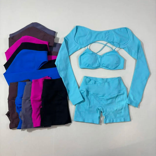 3Pcs Vision Gym Set Women Shawl Backless Tank Tops High Waist Scrunch Seamless Shorts Gym Suit Fitness Clothes Activewear Sets