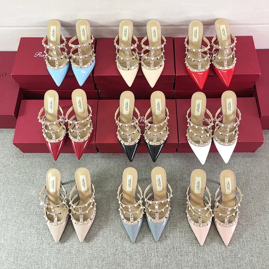Women's sandals luxury Brand Shoes Woman 2025 trend Ankle Strap Summer Rivets High Heels Slippers Design Pointed Toe Sexy party