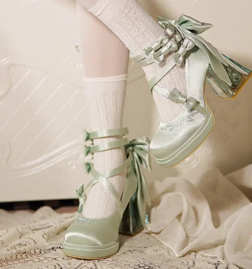 Silk Belt Buckle Round Toe Butterfly-Knot Women Pumps Shoes Chunky Rose Flower High Heels Buckle Strap Design Merry Jane Shoes