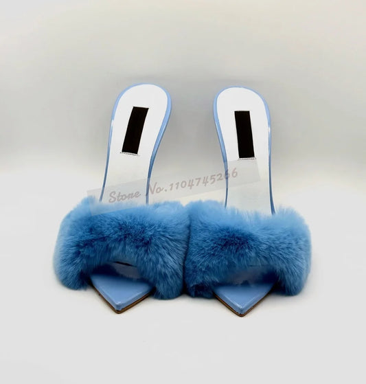 Sky Blue Red Soft Fur High Heel Mules Women Pointed Toe Luxury Plush Modern Slippers Slip-On Fluffy Furry Sandals Dress Pumps