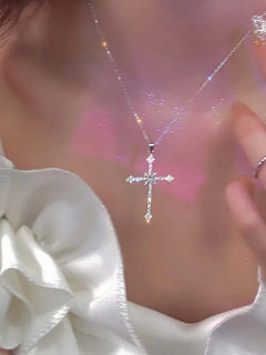 Shiny Crystal Zircon Cross Pendant Necklace for Women Girls Punk Silver Color Thin Chain Necklace Party Jewelry Birthday Gift