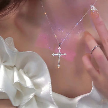 Shiny Crystal Zircon Cross Pendant Necklace for Women Girls Punk Silver Color Thin Chain Necklace Party Jewelry Birthday Gift PlatiNum