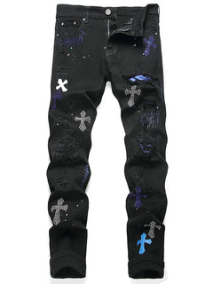 Men Crystal Cross Stretch Denim Jeans Holes Ripped Distressed Black Pants Embroidery Slim Tapered Trousers