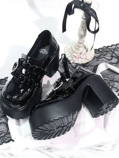 Sweet Heart-Shaped Buckle Lolita High Heels Pump Shoes for Women Y2k PU Leather Waterproof Platform Mary Janes Shoes