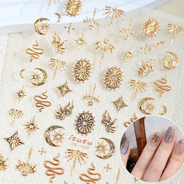 Gold Silver Snake Stars Nail Stickers for Nail Decoation Decals 5D Self-Adhesive Bronzing Stars Moon Totem DIY Supplies Slider