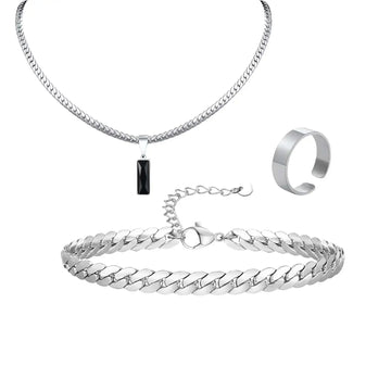 Elegante Set di Gioielli da Uomo con 3 Pezzi, Catena Cubana Piatta, Ciondolo Geometrico in Acciaio Inox con Pietra, Gioielli Hip Hop, Regalo per Lui platinumshop