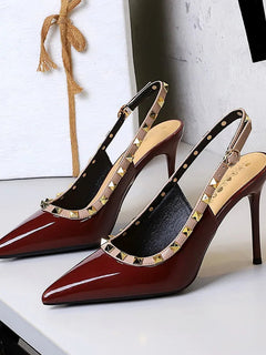 Donne 9.5 cm Tacchi alti Lady Pelle verniciata con borchie Tacco a spillo Singolo cinturino alla caviglia Tacchi Décolleté Scarpe da ballo traspiranti femminili