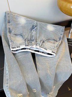 Jeans Vintage Americani Strappati e Patchwork per Donna, Blu Chiaro, Vita Alta, Gamba Larga, Pantaloni in Denim per Primavera e Autunno