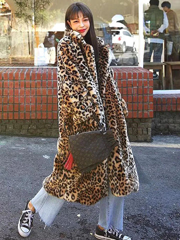 ZADORIN Winter Long Fluffy Leopard Print Jacket Women Lapel Warm Faux Fur Coat Women Korean Fashion Loose Fur Jacket Outerwears