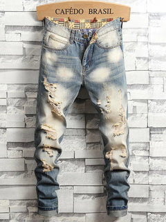 2024 New Retro Distressed Ripped Slim Jeans for Men Street Hip-hop Stretch Straight Fashion Motorcyc