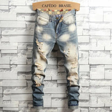 2024 New Retro Distressed Ripped Slim Jeans for Men Street Hip-hop Stretch Straight Fashion Motorcycle Denim Trousers Male PlatiNum