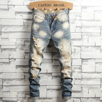 2024 New Retro Distressed Ripped Slim Jeans for Men Street Hip-hop Stretch Straight Fashion Motorcycle Denim Trousers Male PlatiNum