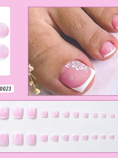 24pcs French Flower Fake Toenails Short Square White Border Press On Nail Tips With 1Jelly Stickers Full Coverage False Nail Tip