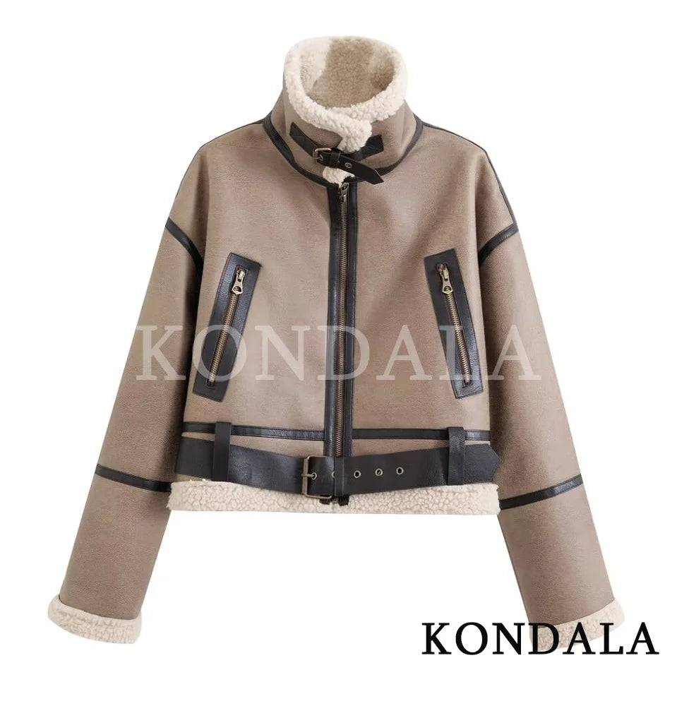 KONDALA Fall Winter Fleece Stand-up Jacket Women's Casual Thickened Warm Zipper Coat 2025 Fashion Retro Motorcycle Style Jacket