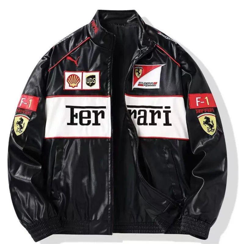 Giacca calda Ferrari F1 da uomo, look retrò motociclistico.