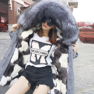 Winter Long Jacket Real Fur Coat Women Clothes Large Silver Fox Fur Collar Detachable Natural Fox Lining Parkas Leather Fur