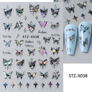 Black White Butterfly Laser Nail Stickers Y2K Nail Art Decoration Abstract Metal Lines Bronzing Lace Flowers Stickers For Nails